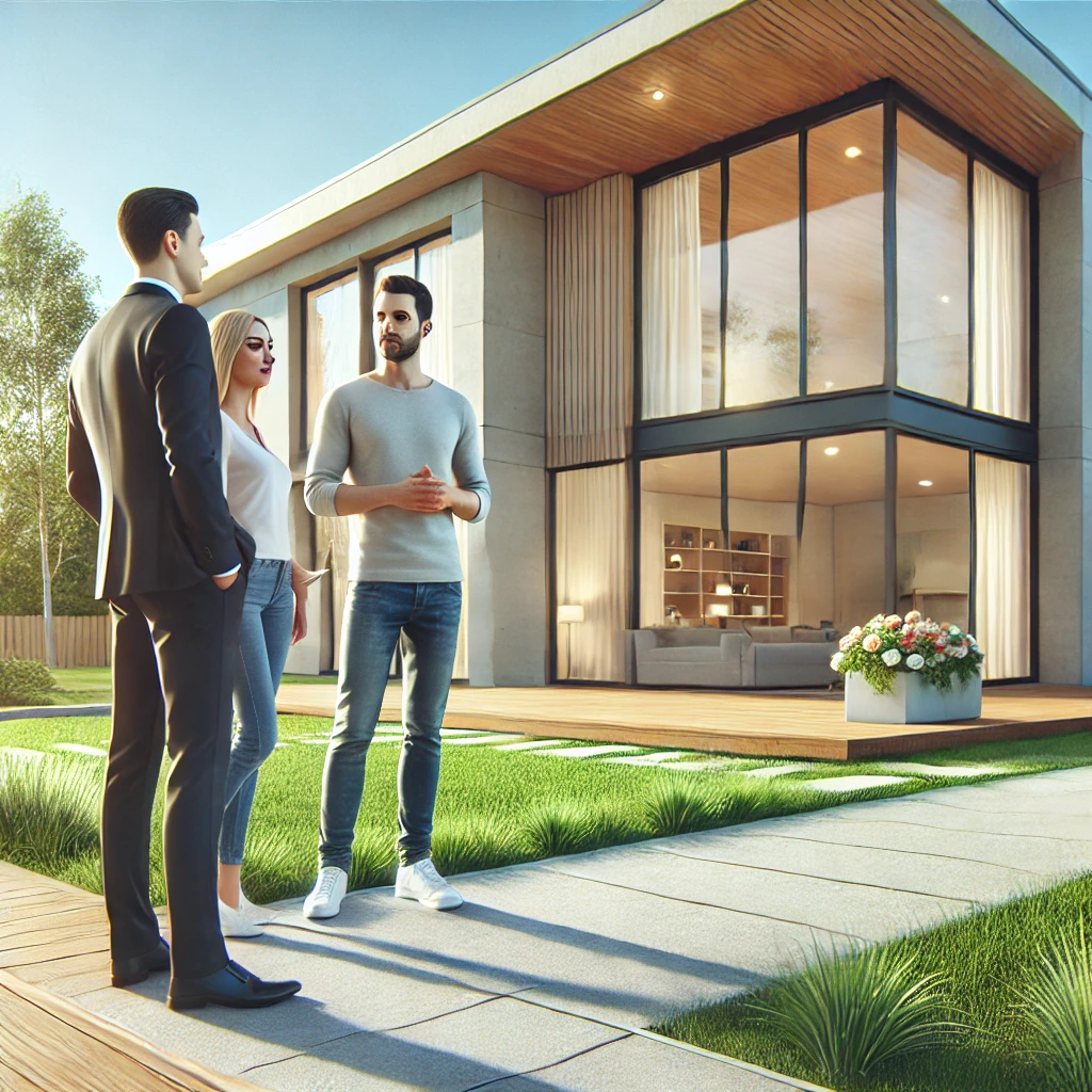 A-highly-realistic-photo-of-a-couple-inspecting-a-modern-house-with-a-real-estate-agent.