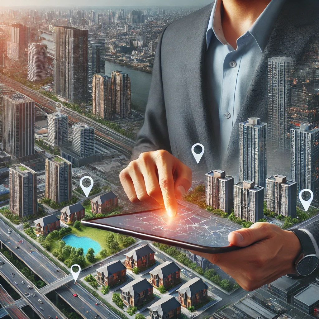 A-highly-realistic-photo-of-a-real-estate-investor-evaluating-different-properties-in-a-city.-The-investor-is-using-a-tablet-to-review-location-detail