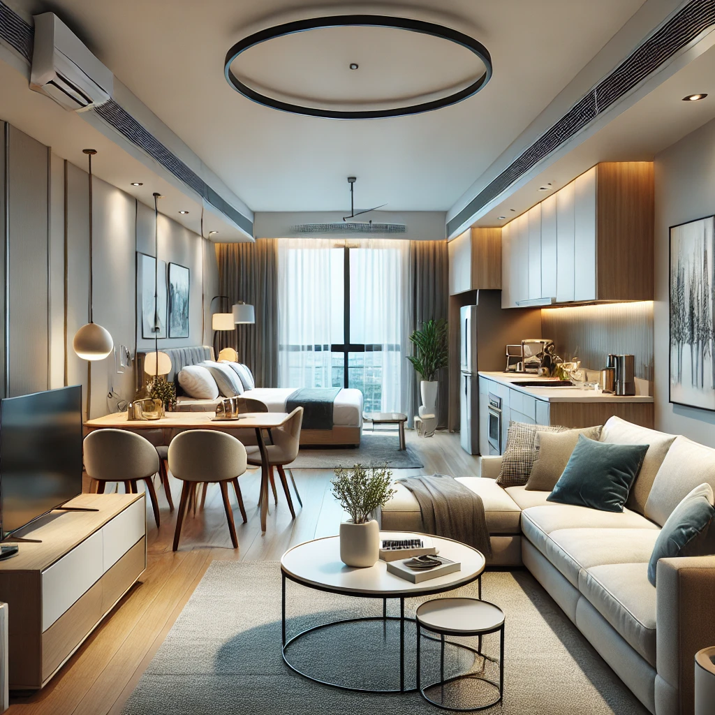 A-highly-realistic-photo-of-a-modern-furnished-apartment.-The-living-room-is-well-lit-with-stylish-furniture-including-a-sofa-coffee-table-TV